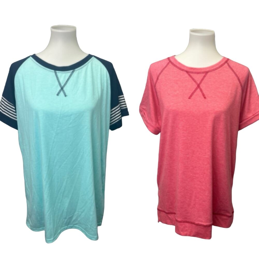 Lot of 2 Womens Large Short Sleeve Polyester Rayon Blend Crew Neck Tee Shirts